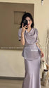 Cowl Neckline Short Sleeves Tie Tops With Skirts Sets